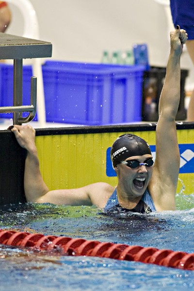 New Zealand's Julia Toomey celebrates her gold medal in the 100m rescue medley at the world lifesaving championships in Germany.